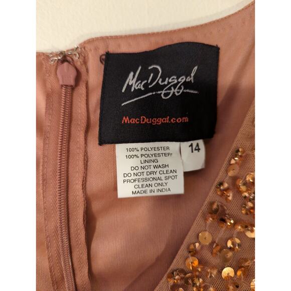 New Mac Duggal Sz 14 Pink Rose Gold Flutter Sleeve V-Neck Sequin Midi Dress - Picture 4 of 8